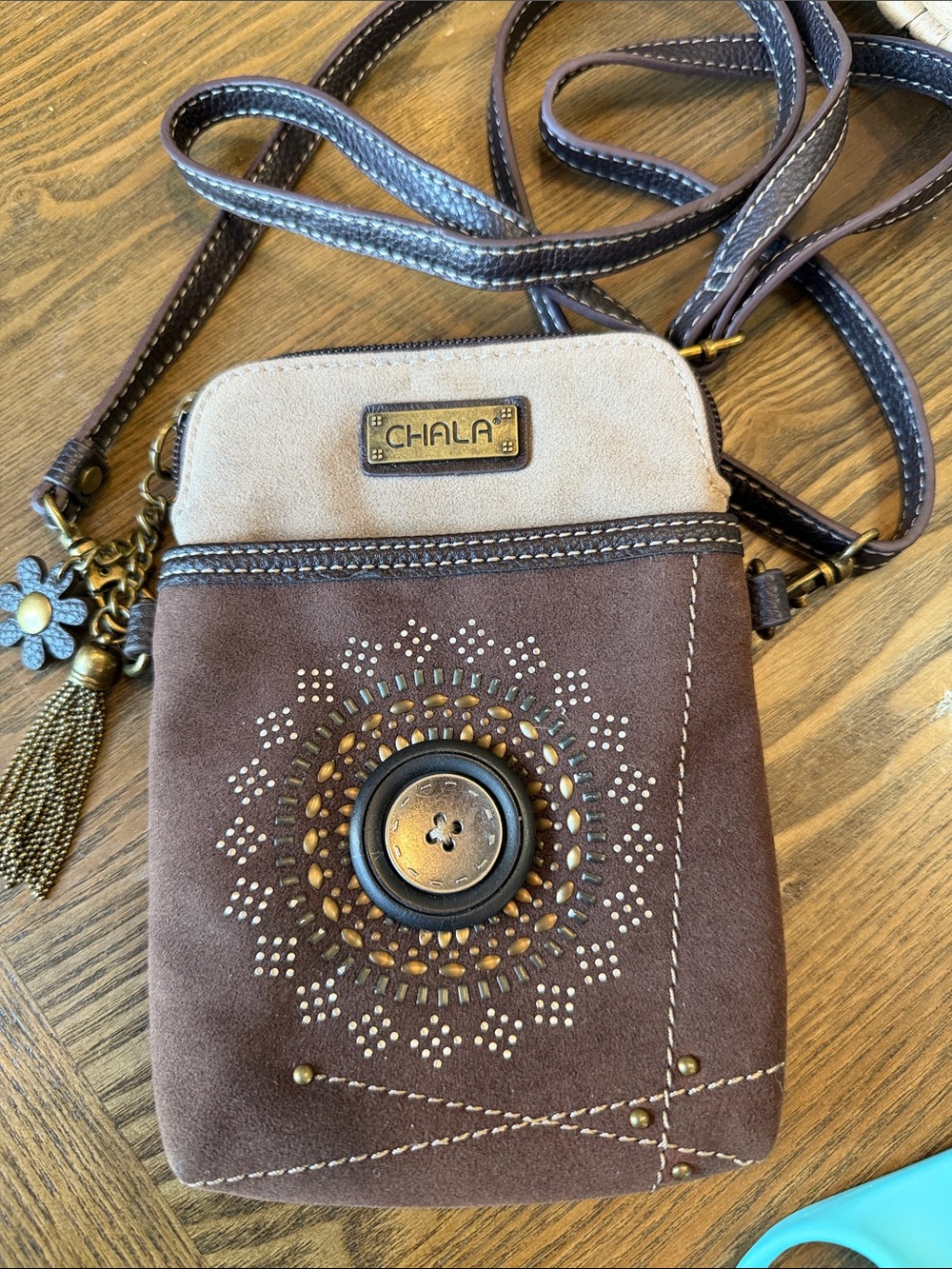 Chala Brown and Cream Suede Crossbody Bag with Button Medallion